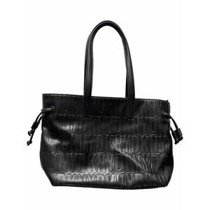DKNY Jude Tote Black Signature Logo Embossed Zip Top Drawstring Sides Lined EUC